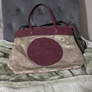 Coach Burgundy and Beige Signature Tote